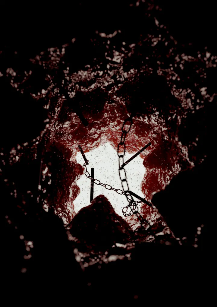 A "tunnel" made of some kind of red flesh, with metal spikes spikes and chains poking out the walls and sides. There's a white light on the other end of the tunnel.