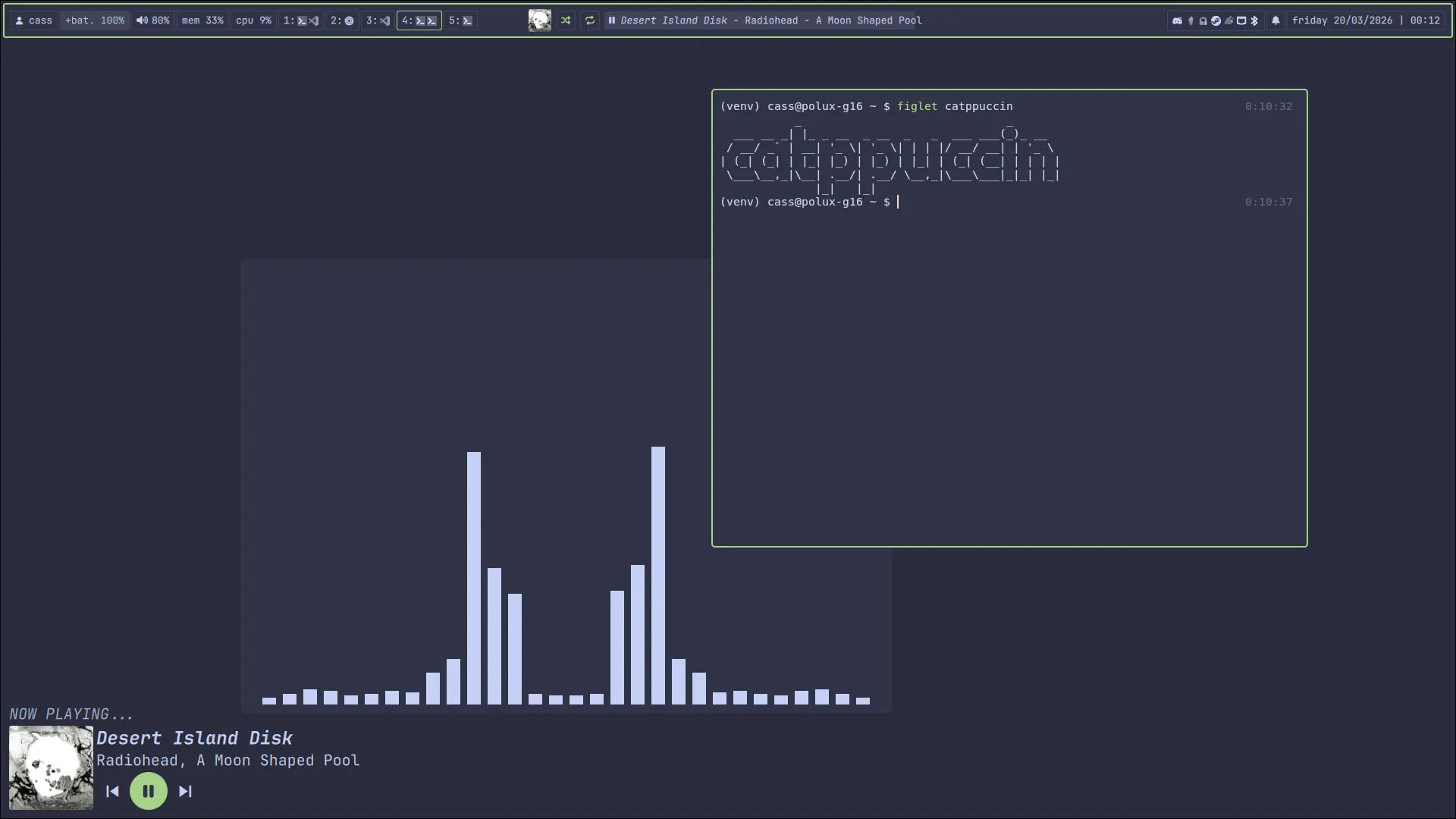 catppuccin frappé flavored desktop with a green accent color. two terminal windows are open