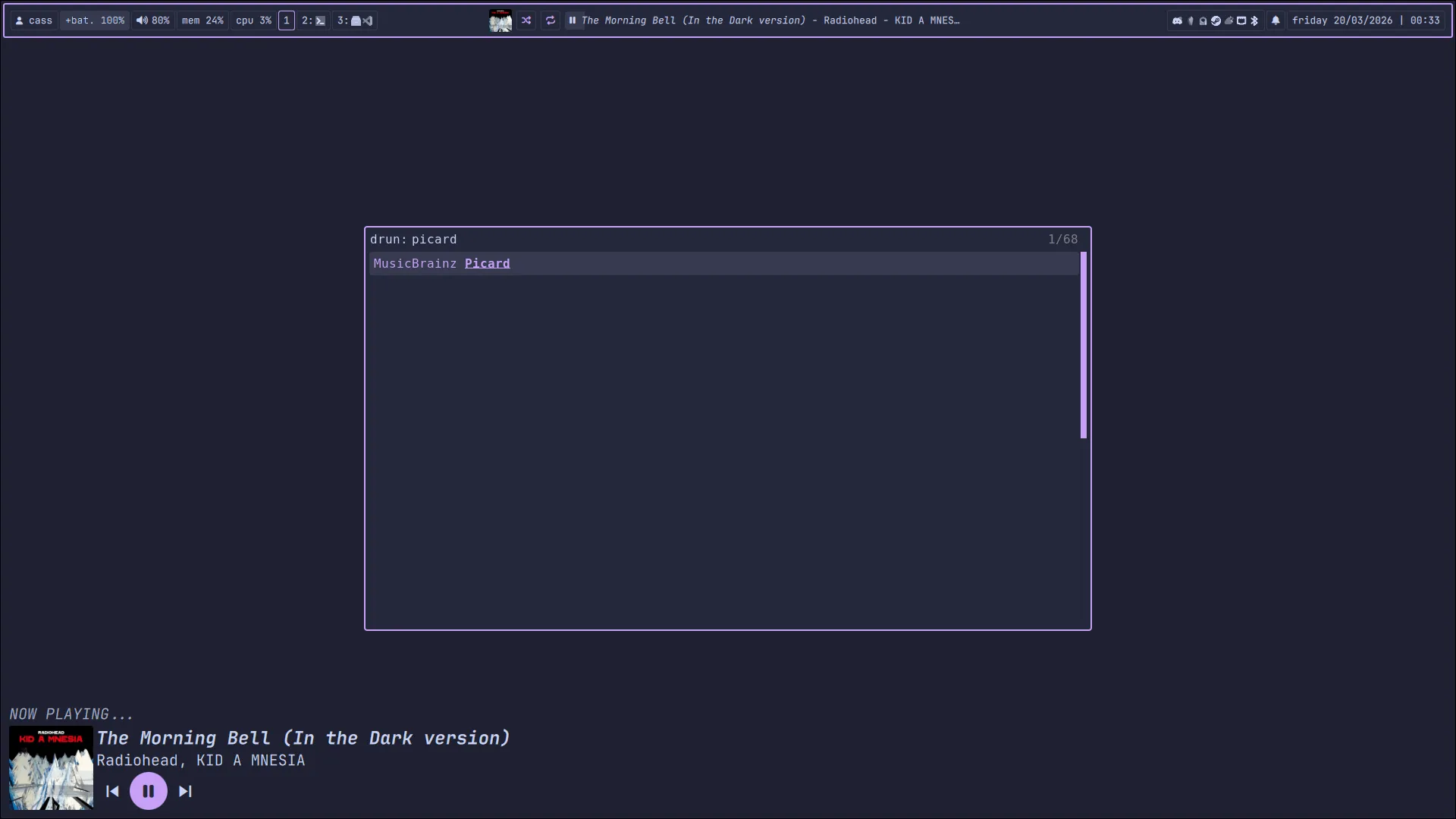 catppuccin macchiato flavored desktop with a mauve accent color. rofi is open