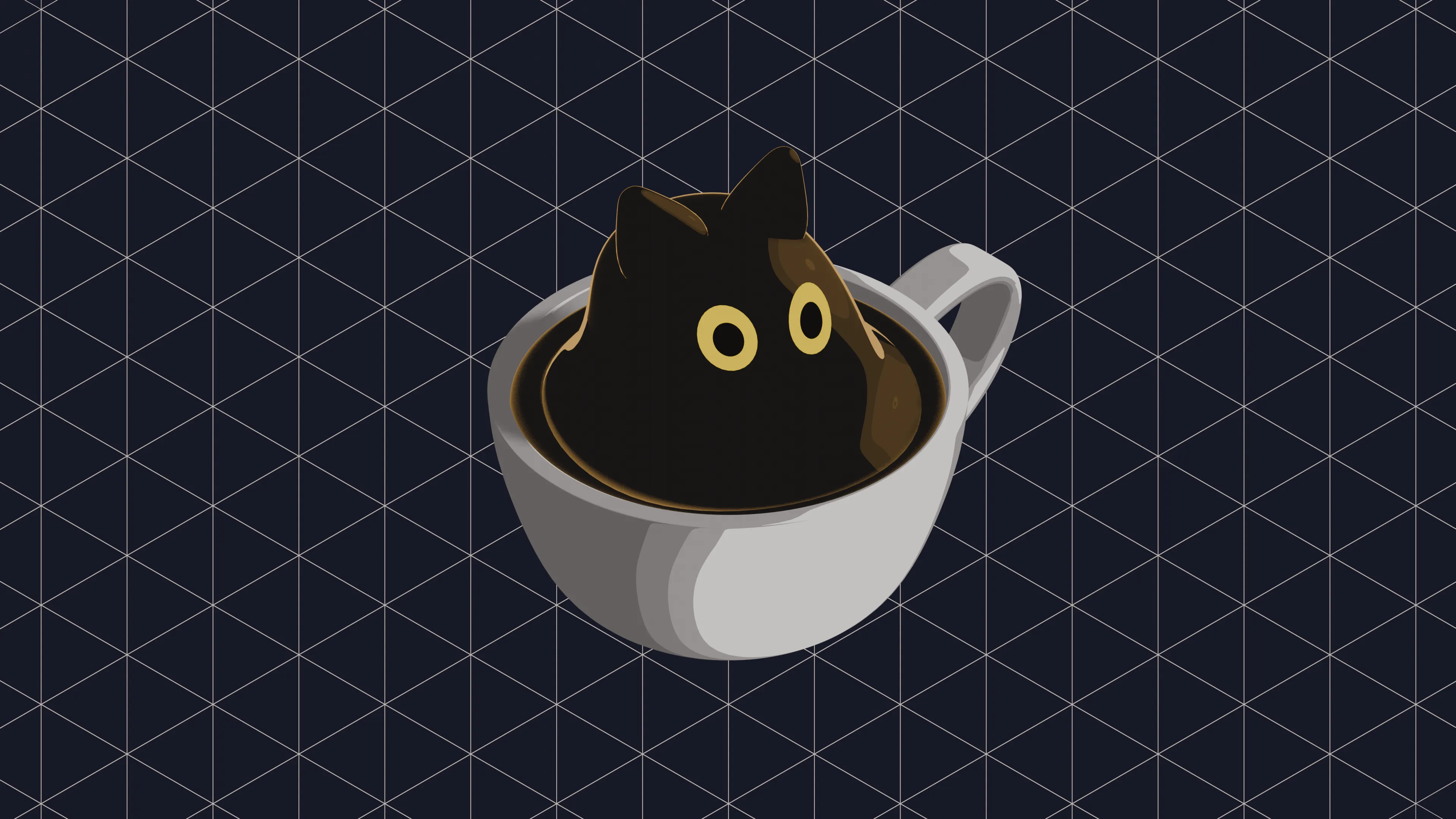 a cat made of coffee in a cup against a dark background with outlines of isometric cubes